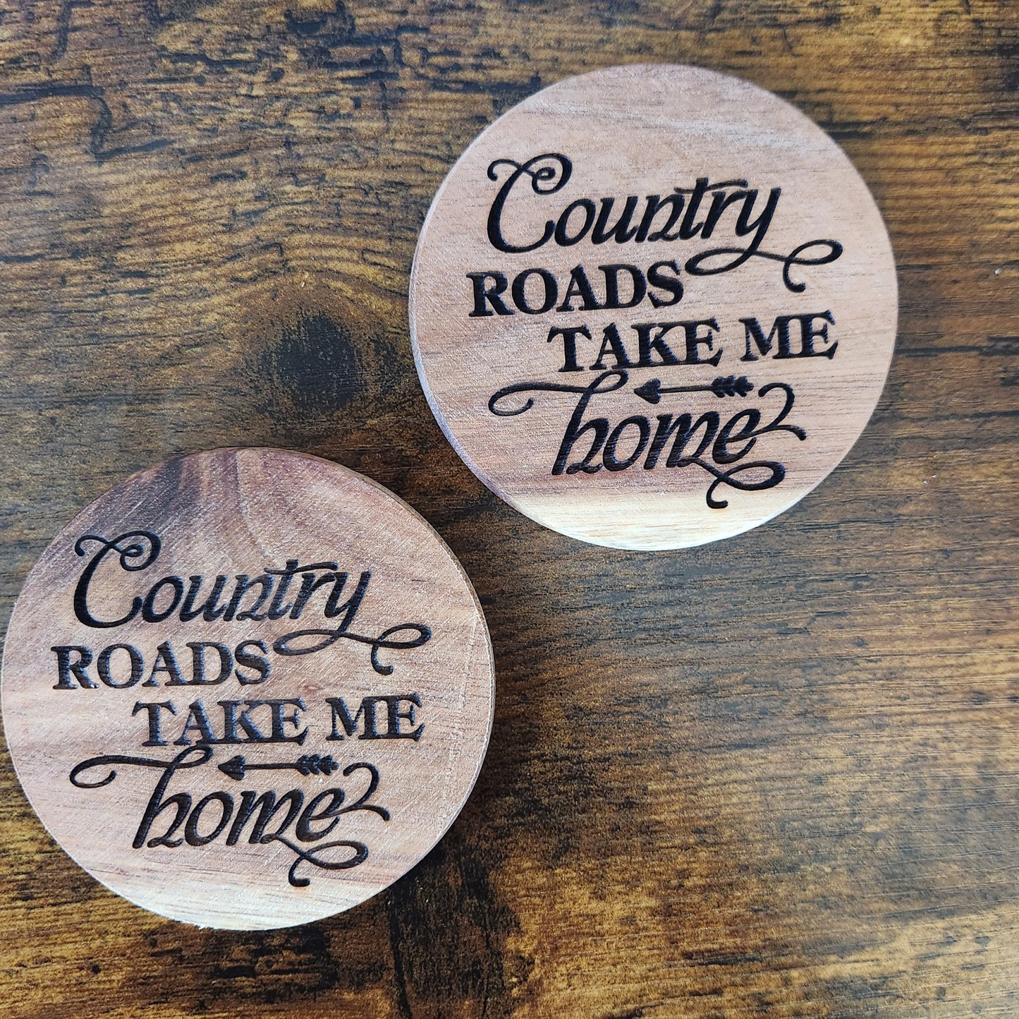 Coasters Acai Wood Laser Engraved Country Roads Take Me Home (2pk)